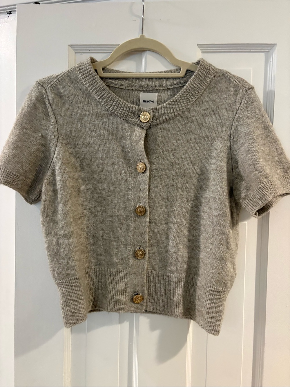 Maeve Short-Sleeve Cropped Button Cardigan - Light Taupe